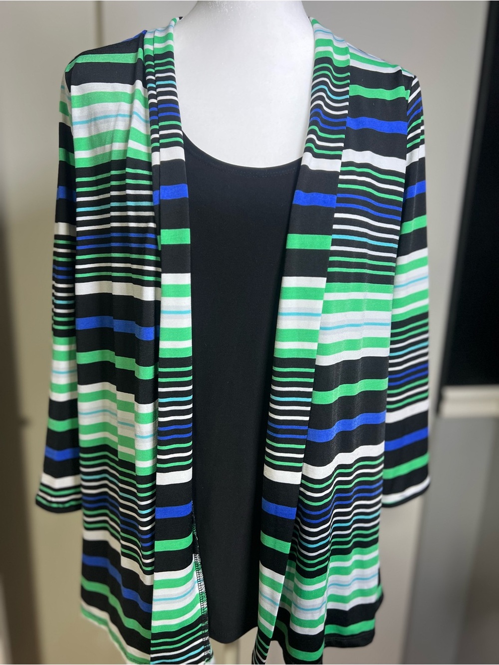 Susan Lawrence Green Blue Black Striped Open Cardigan Style Blouse